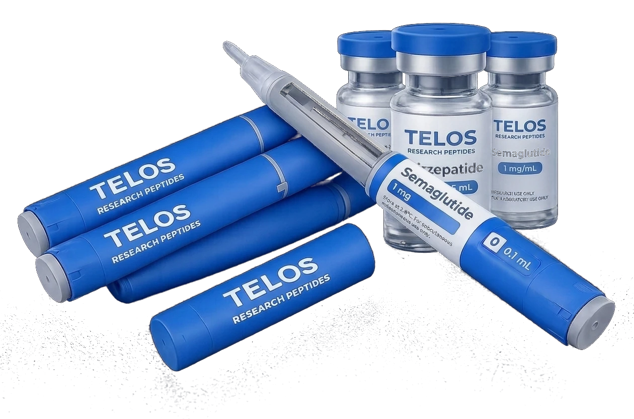 TELOS research-use-only peptide compounds — pens and vials, educational reference